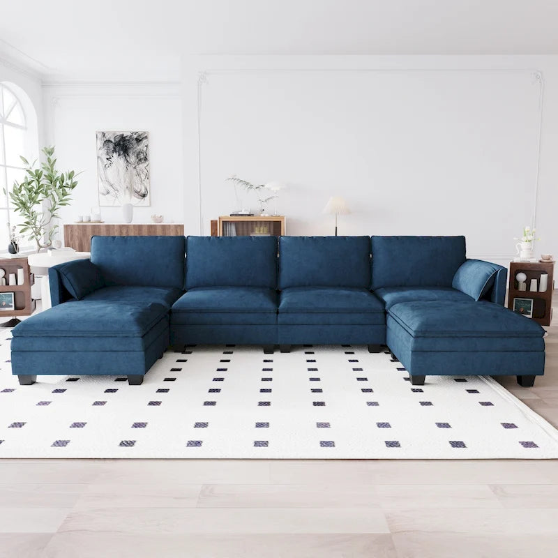 U-Shaped Fabric Sofa with Armrest Pocket Storage, Gray Upholstery