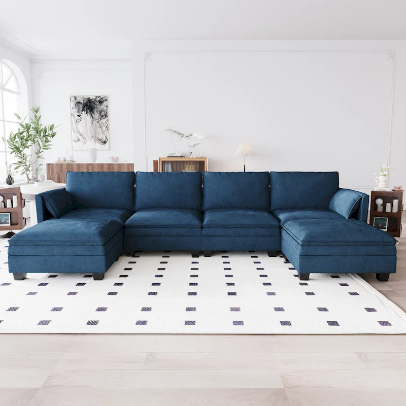 U-Shaped Fabric Sofa with Armrest Pocket Storage, Gray Upholstery