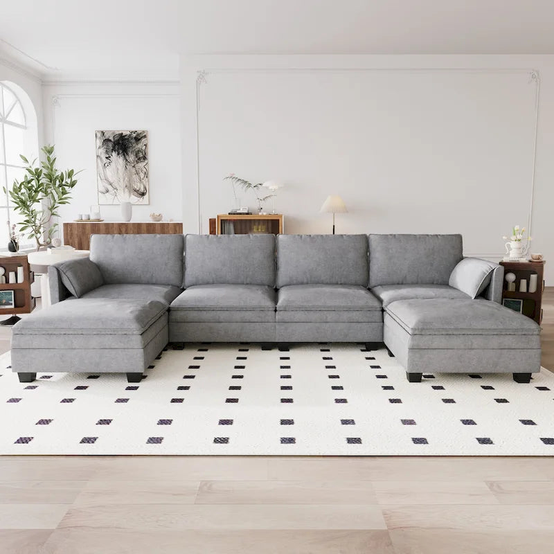 U-Shaped Fabric Sofa with Armrest Pocket Storage, Gray Upholstery