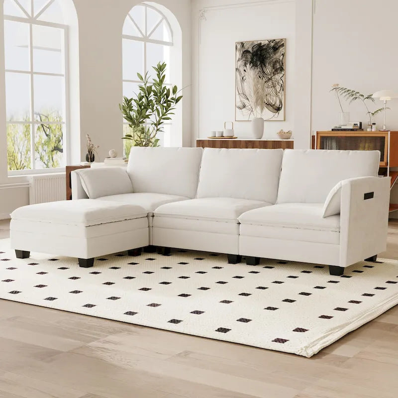 U-Shaped Fabric Sofa with Armrest Pocket Storage, Gray Upholstery