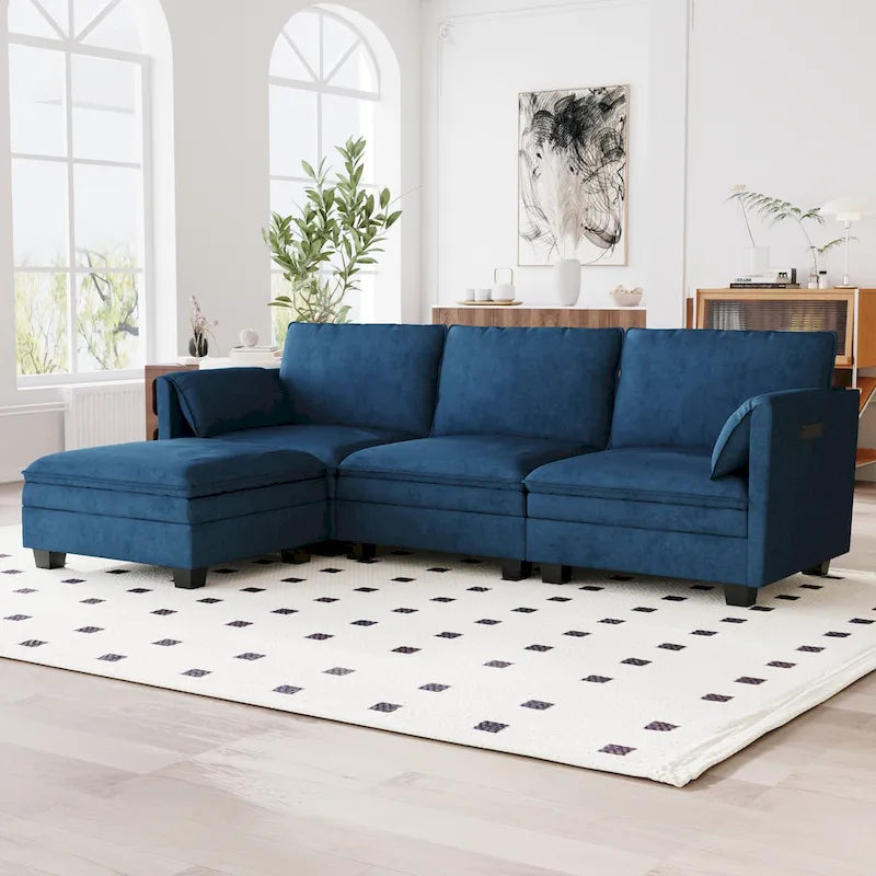 U-Shaped Fabric Sofa with Armrest Pocket Storage, Gray Upholstery