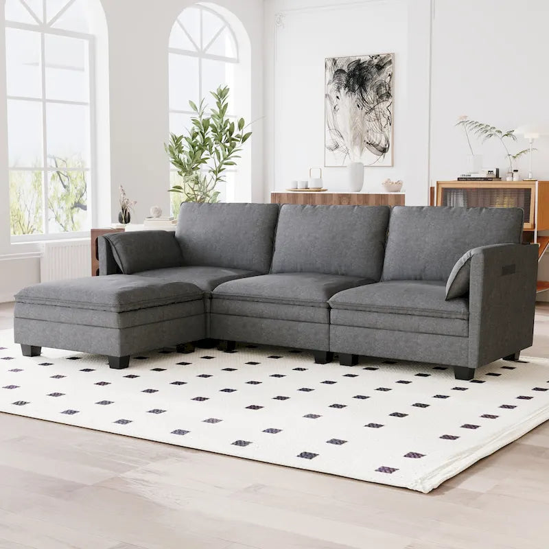U-Shaped Fabric Sofa with Armrest Pocket Storage, Gray Upholstery