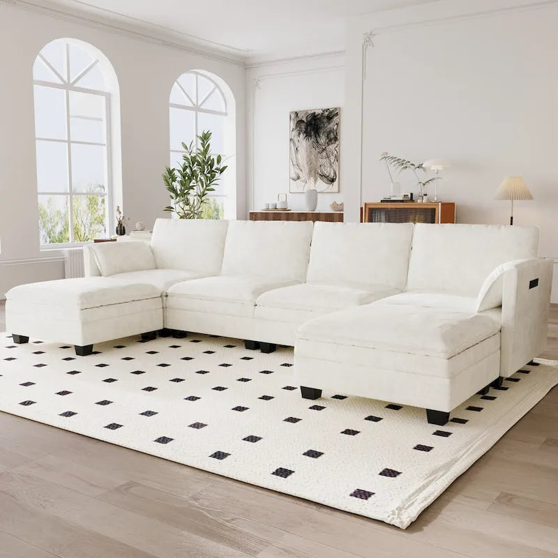 U-Shaped Fabric Sofa with Armrest Pocket Storage, Gray Upholstery