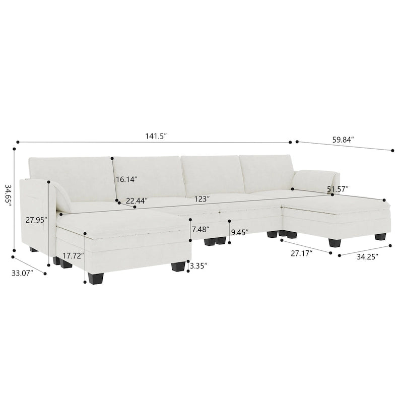 U-Shaped Fabric Sofa with Armrest Pocket Storage, Gray Upholstery