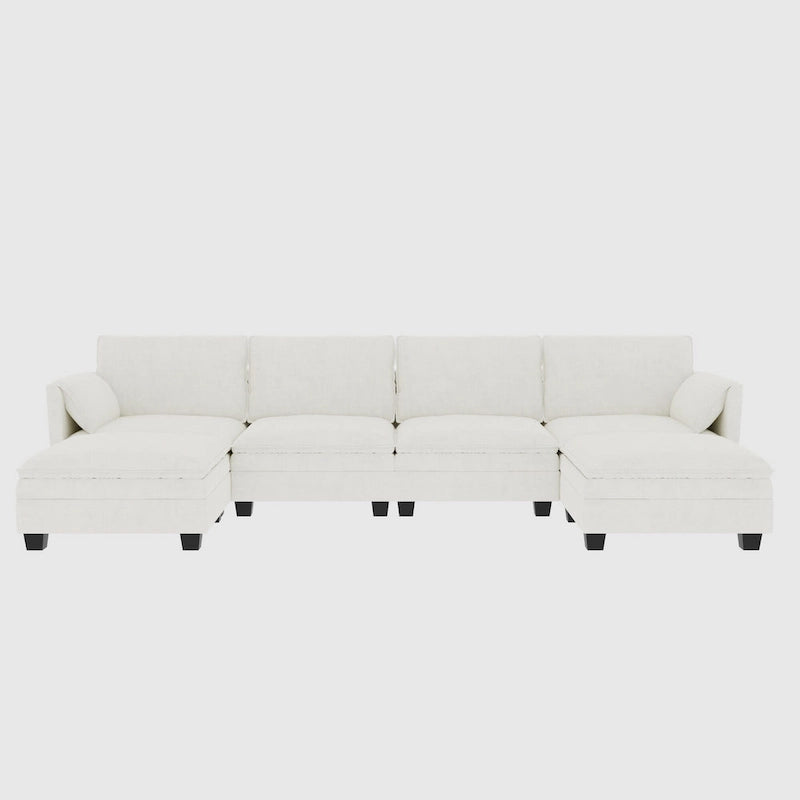 U-Shaped Fabric Sofa with Armrest Pocket Storage, Gray Upholstery