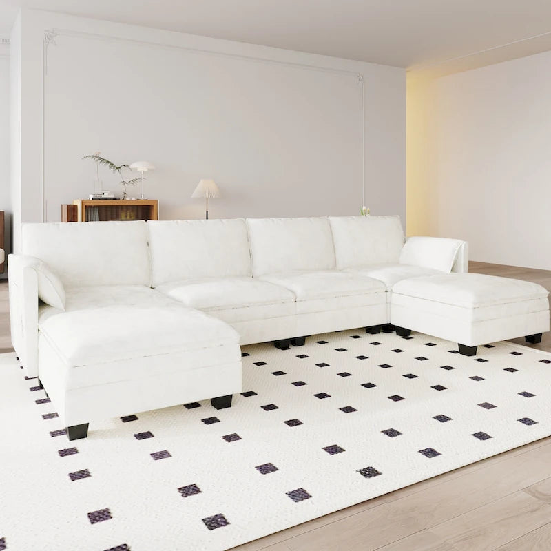 U-Shaped Fabric Sofa with Armrest Pocket Storage, Gray Upholstery