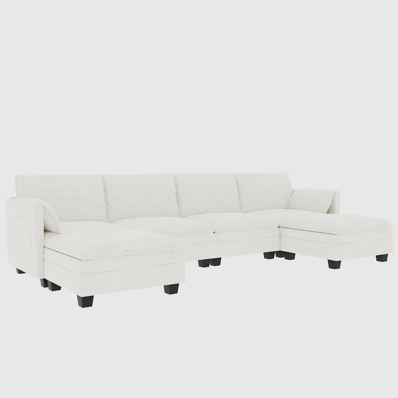 U-Shaped Fabric Sofa with Armrest Pocket Storage, Gray Upholstery