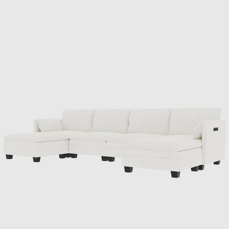 U-Shaped Fabric Sofa with Armrest Pocket Storage, Gray Upholstery