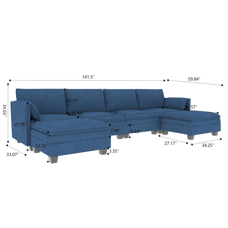 U-Shaped Fabric Sofa with Armrest Pocket Storage, Gray Upholstery