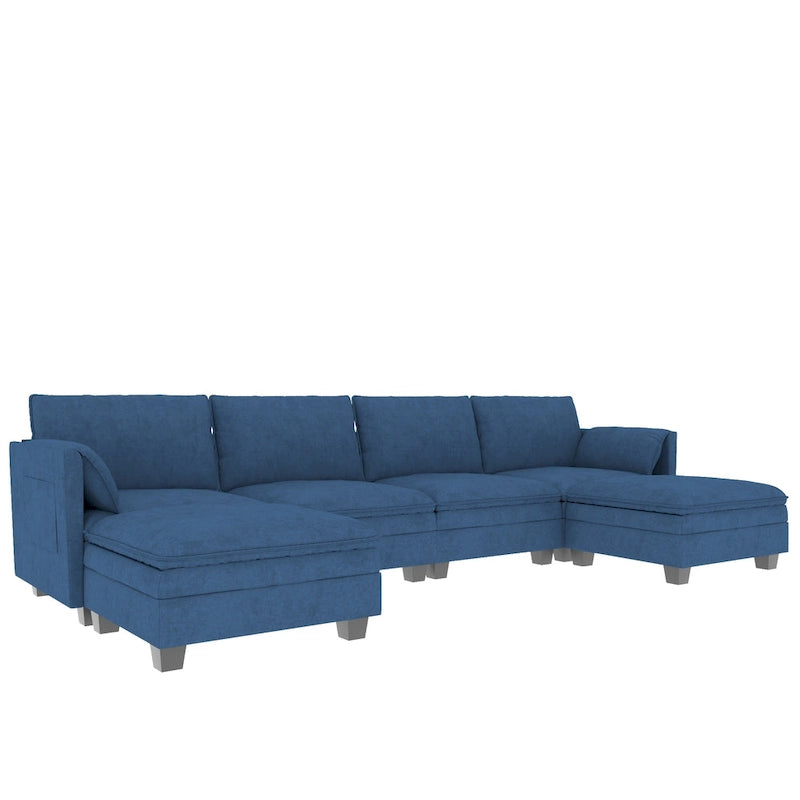 U-Shaped Fabric Sofa with Armrest Pocket Storage, Gray Upholstery