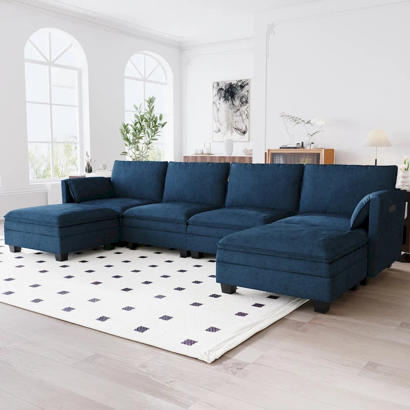 U-Shaped Fabric Sofa with Armrest Pocket Storage, Gray Upholstery