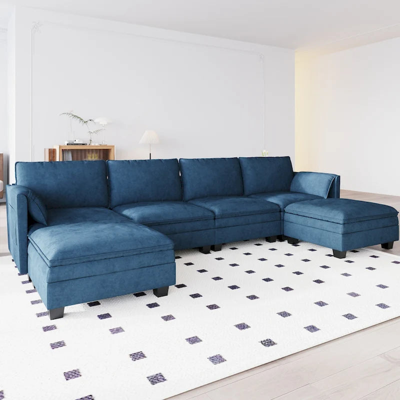 U-Shaped Fabric Sofa with Armrest Pocket Storage, Gray Upholstery