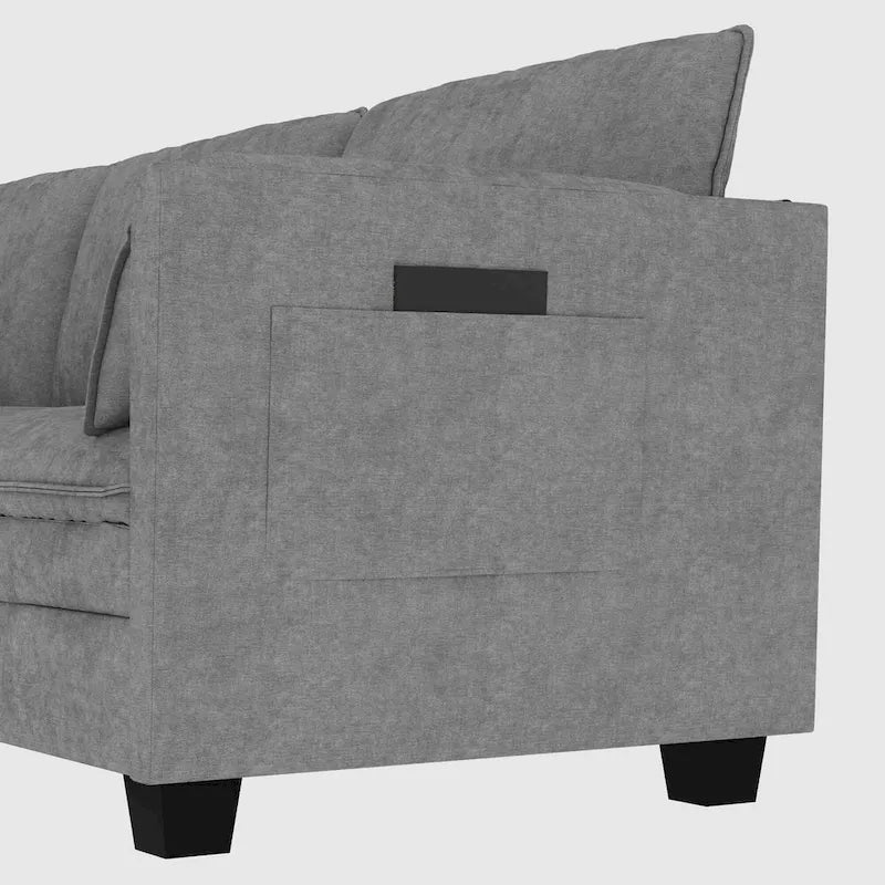 U-Shaped Fabric Sofa with Armrest Pocket Storage, Gray Upholstery