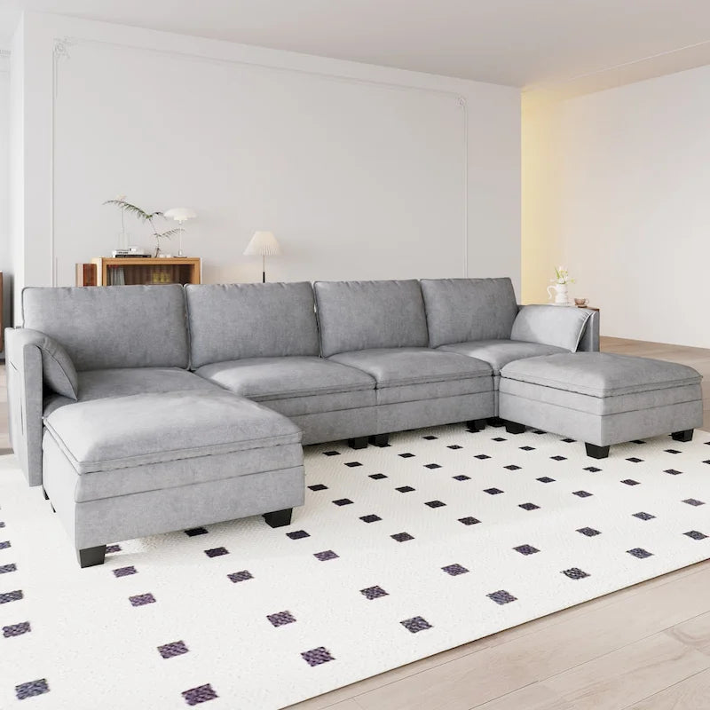 U-Shaped Fabric Sofa with Armrest Pocket Storage, Gray Upholstery