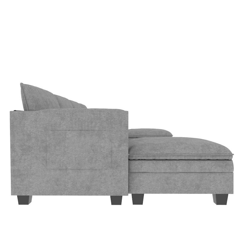 U-Shaped Fabric Sofa with Armrest Pocket Storage, Gray Upholstery