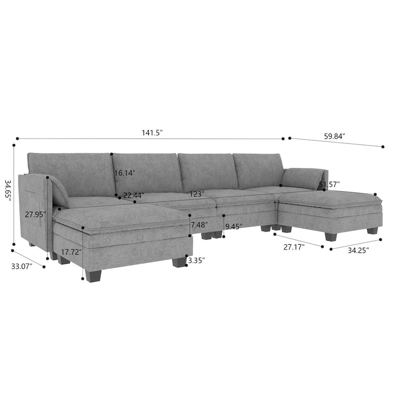 U-Shaped Fabric Sofa with Armrest Pocket Storage, Gray Upholstery