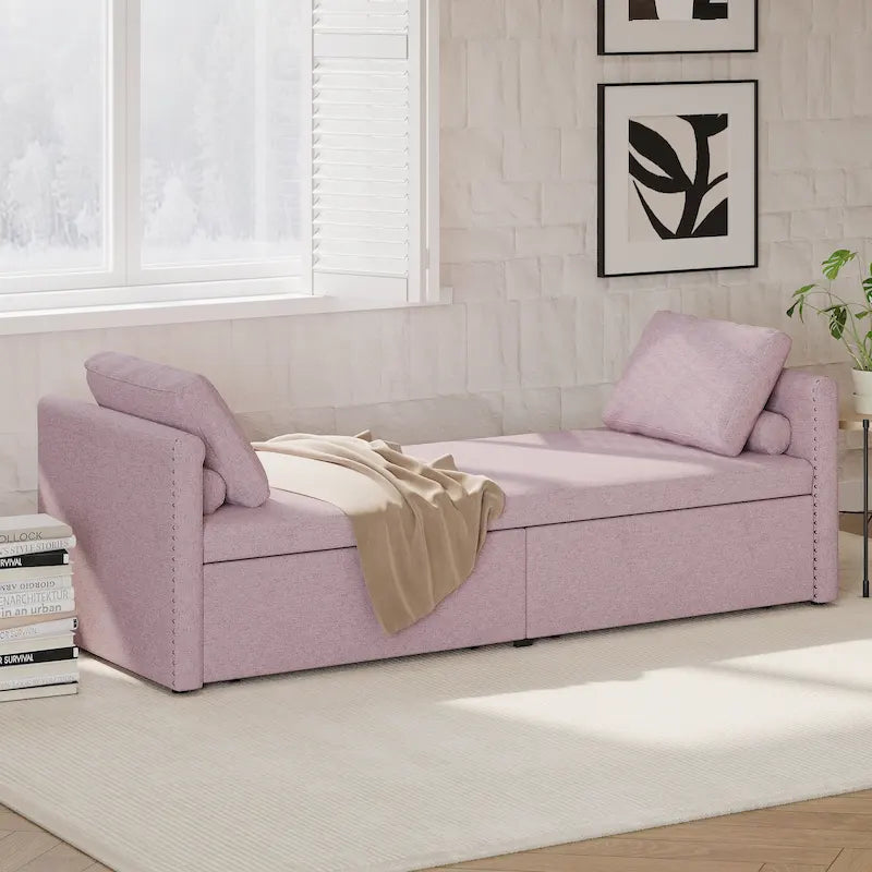 Pink Linen Upholstered Daybed Sofa with Storage Drawers and Pillows