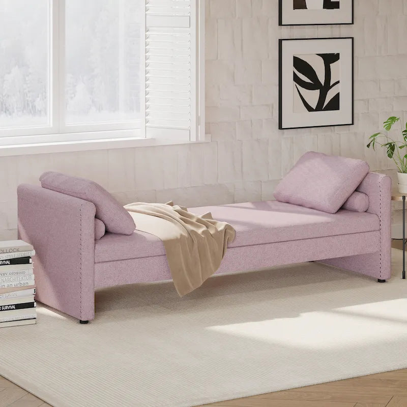 Pink Linen Upholstered Daybed Sofa with Storage Drawers and Pillows