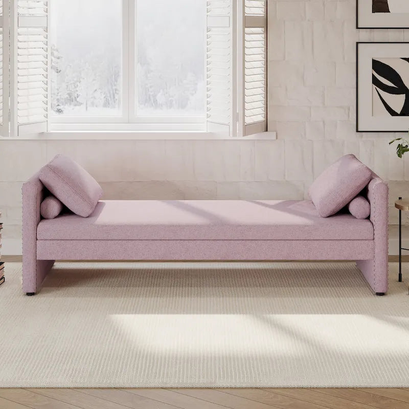 Pink Linen Upholstered Daybed Sofa with Storage Drawers and Pillows