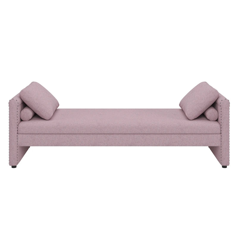 Pink Linen Upholstered Daybed Sofa with Storage Drawers and Pillows