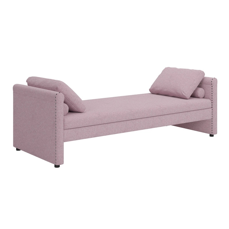 Pink Linen Upholstered Daybed Sofa with Storage Drawers and Pillows