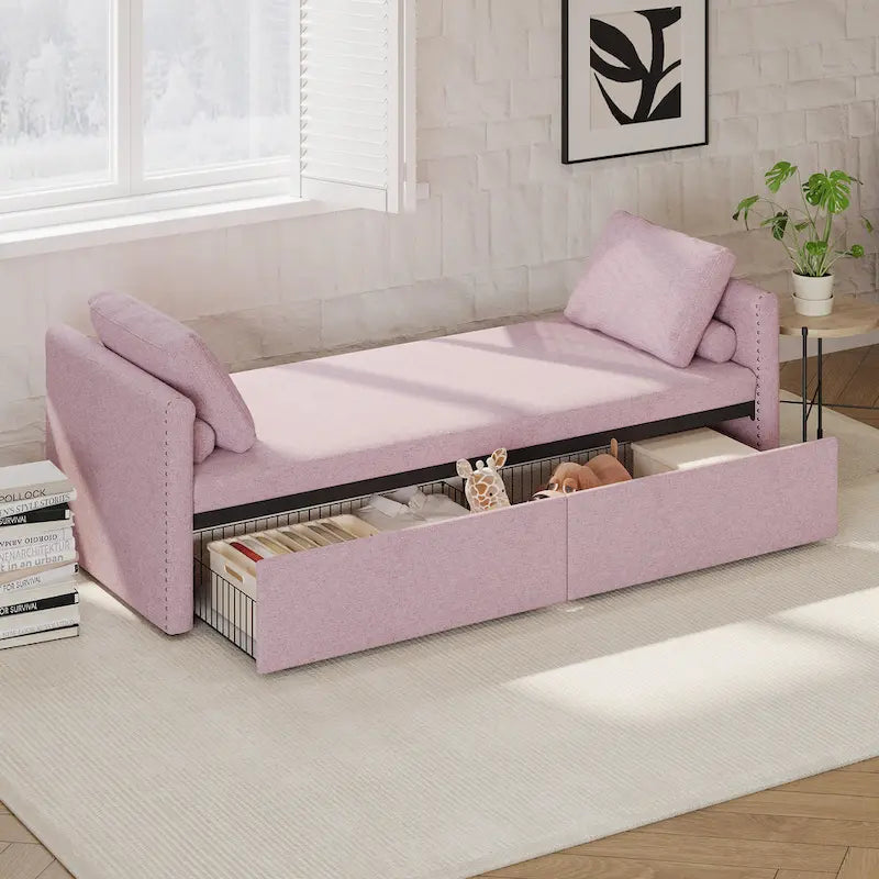 Pink Linen Upholstered Daybed Sofa with Storage Drawers and Pillows