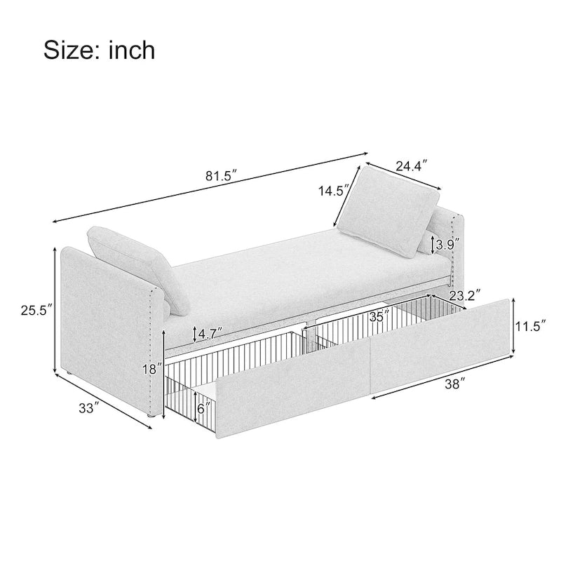 Pink Linen Upholstered Daybed Sofa with Storage Drawers and Pillows