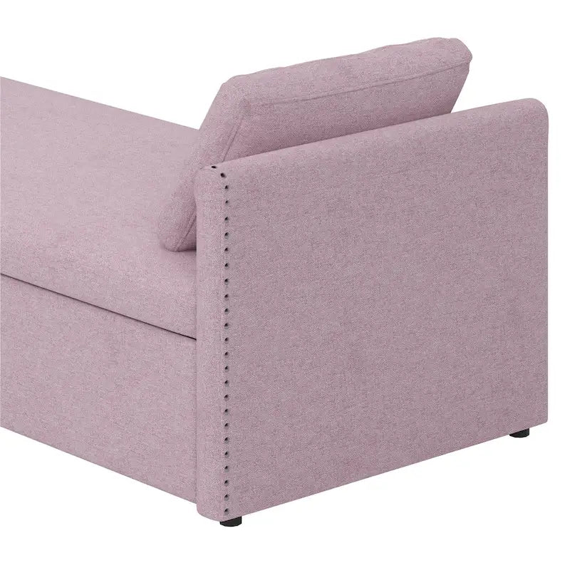 Pink Linen Upholstered Daybed Sofa with Storage Drawers and Pillows