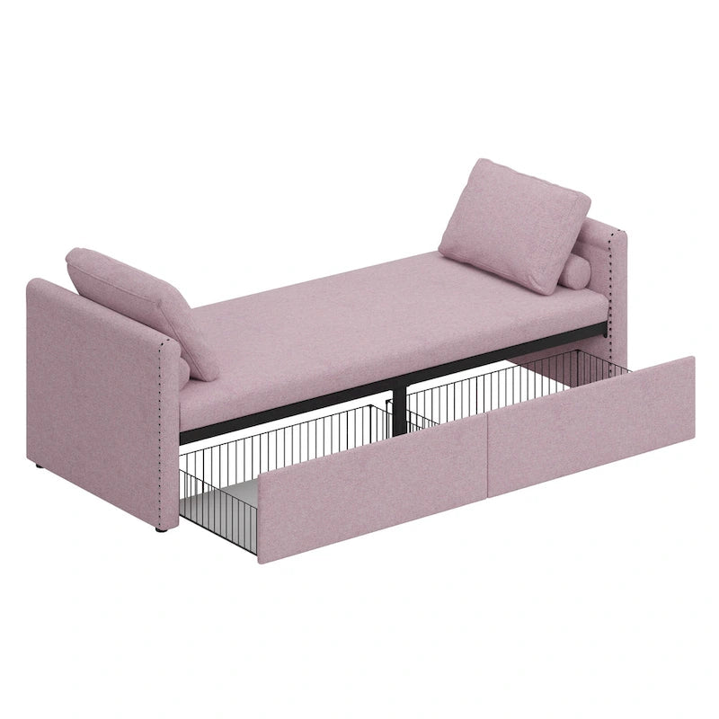 Pink Linen Upholstered Daybed Sofa with Storage Drawers and Pillows