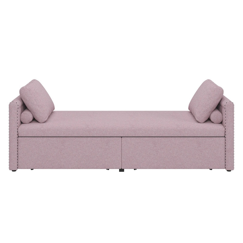 Pink Linen Upholstered Daybed Sofa with Storage Drawers and Pillows