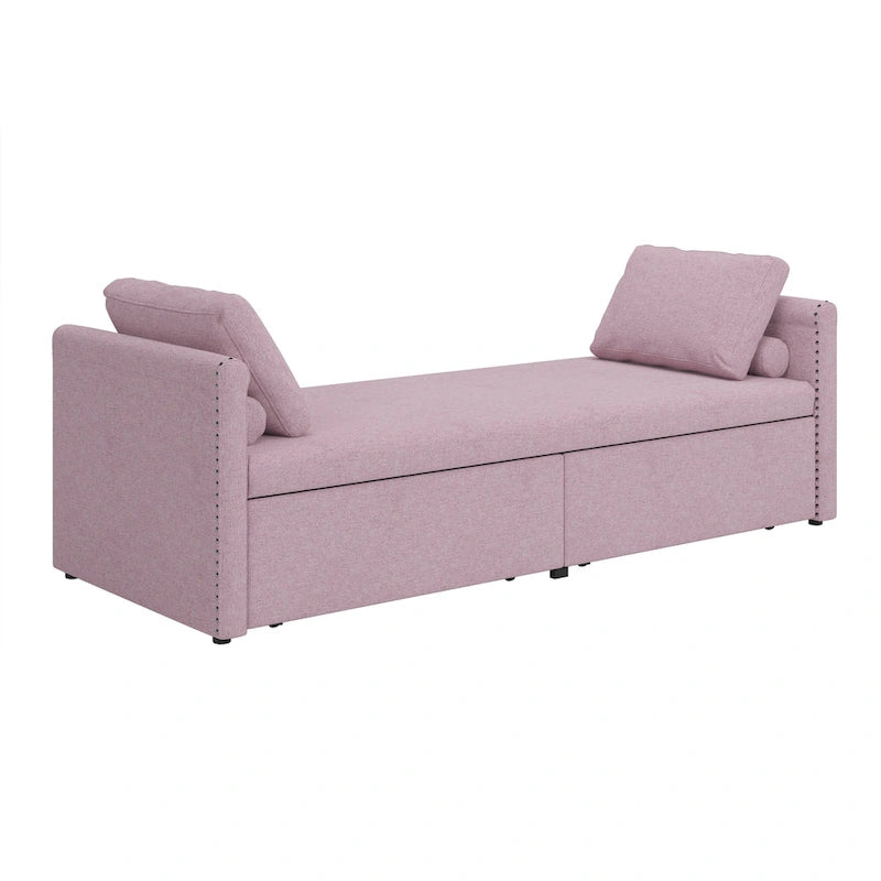 Pink Linen Upholstered Daybed Sofa with Storage Drawers and Pillows