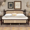 Espresso Solid Wood King Bed with Woven Rattan Headboard Footboard Storage