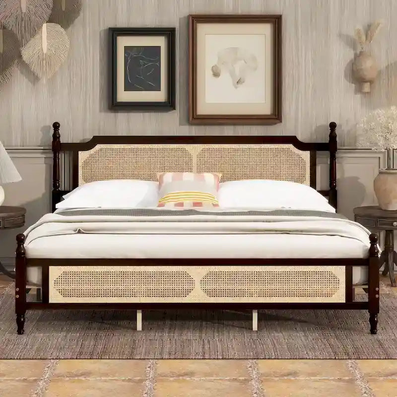 Espresso Solid Wood King Bed with Woven Rattan Headboard Footboard Storage