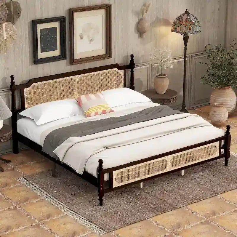 Espresso Solid Wood King Bed with Woven Rattan Headboard Footboard Storage