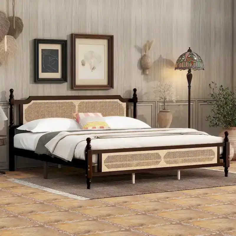 Espresso Solid Wood King Bed with Woven Rattan Headboard Footboard Storage