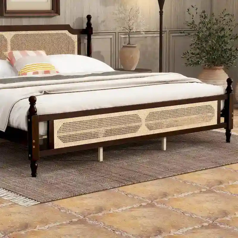 Espresso Solid Wood King Bed with Woven Rattan Headboard Footboard Storage