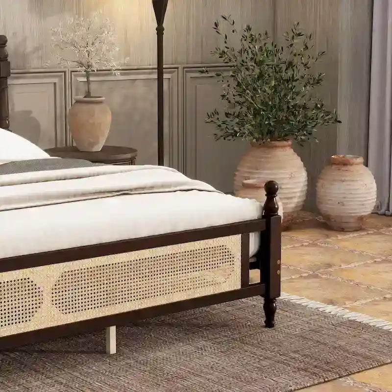 Espresso Solid Wood King Bed with Woven Rattan Headboard Footboard Storage