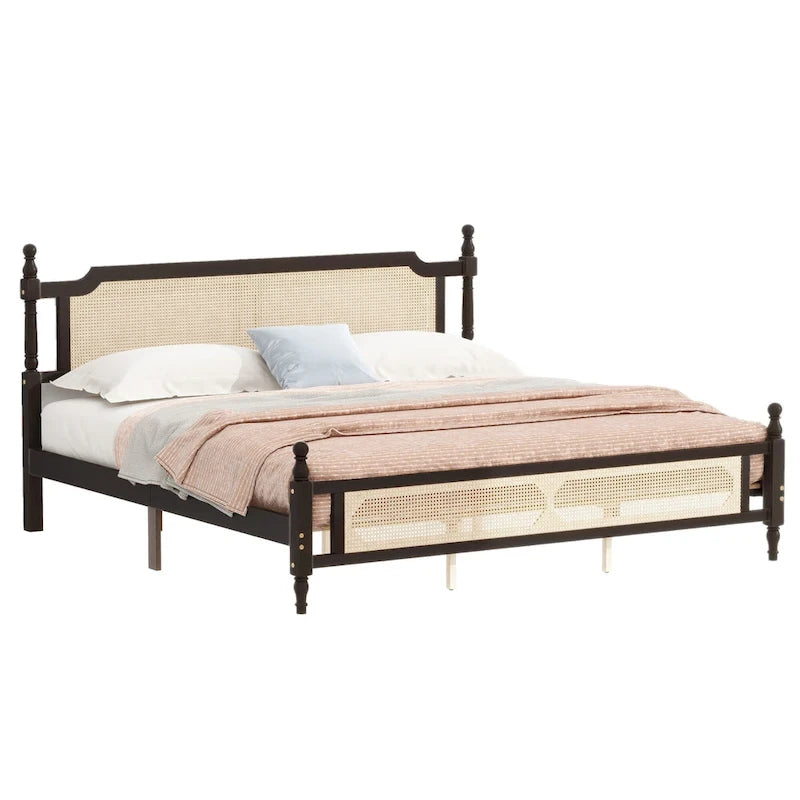 Espresso Solid Wood King Bed with Woven Rattan Headboard Footboard Storage