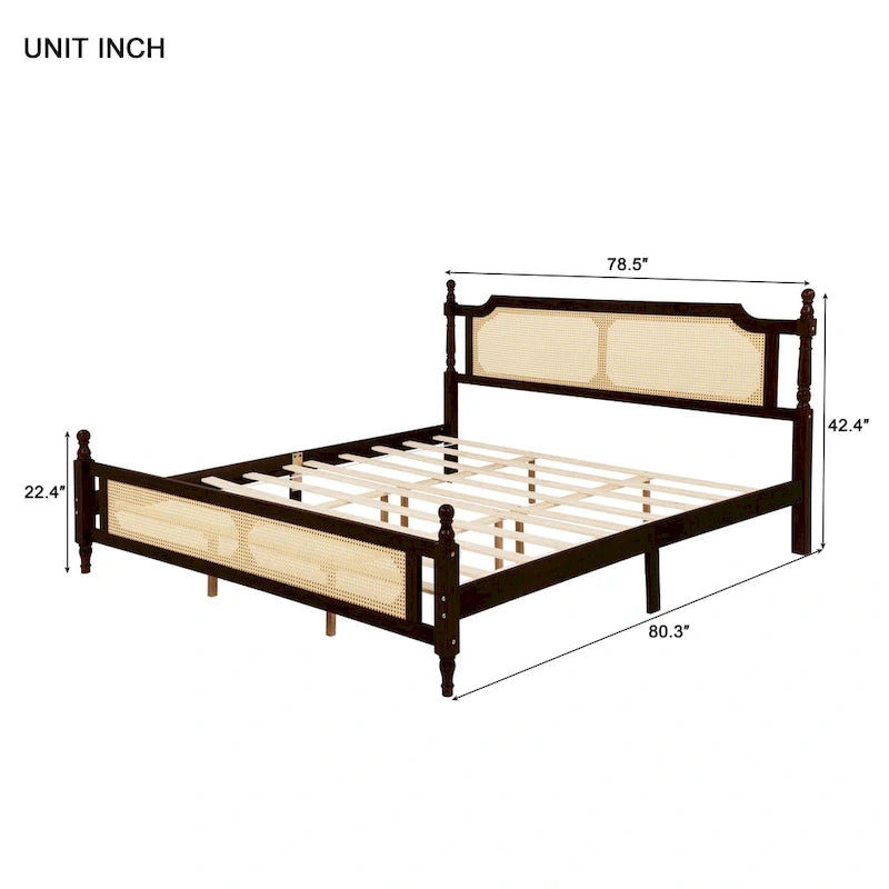 Espresso Solid Wood King Bed with Woven Rattan Headboard Footboard Storage