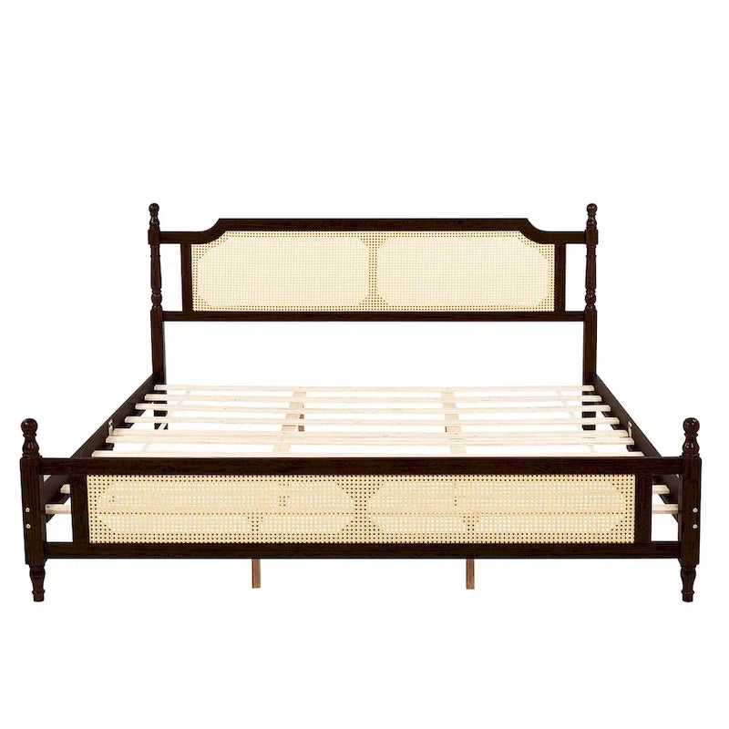 Espresso Solid Wood King Bed with Woven Rattan Headboard Footboard Storage