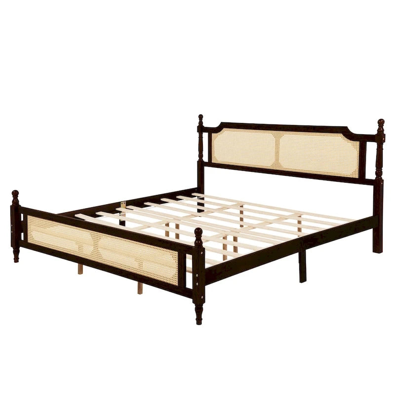 Espresso Solid Wood King Bed with Woven Rattan Headboard Footboard Storage