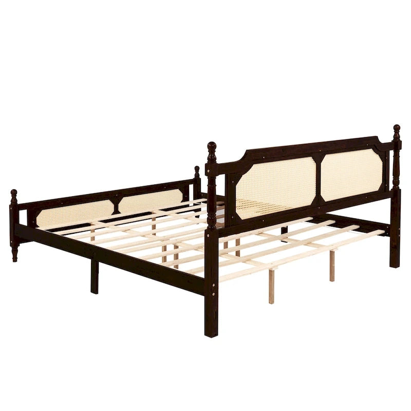 Espresso Solid Wood King Bed with Woven Rattan Headboard Footboard Storage