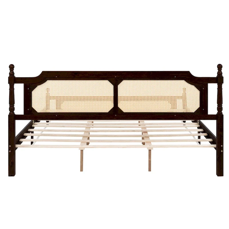 Espresso Solid Wood King Bed with Woven Rattan Headboard Footboard Storage
