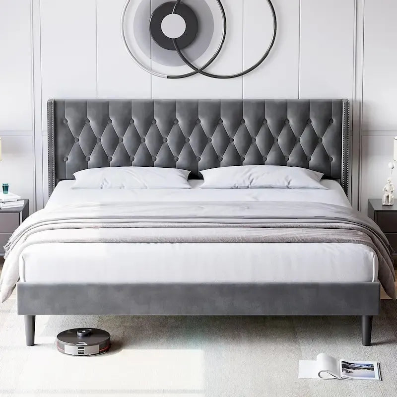 Grey Velvet Tufted Wingback Platform Bed Frame with Studded Headboard