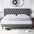 Grey Velvet Tufted Wingback Platform Bed Frame with Studded Headboard