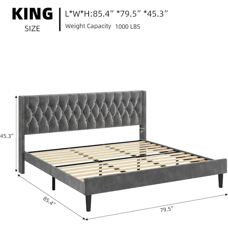Grey Velvet Tufted Wingback Platform Bed Frame with Studded Headboard