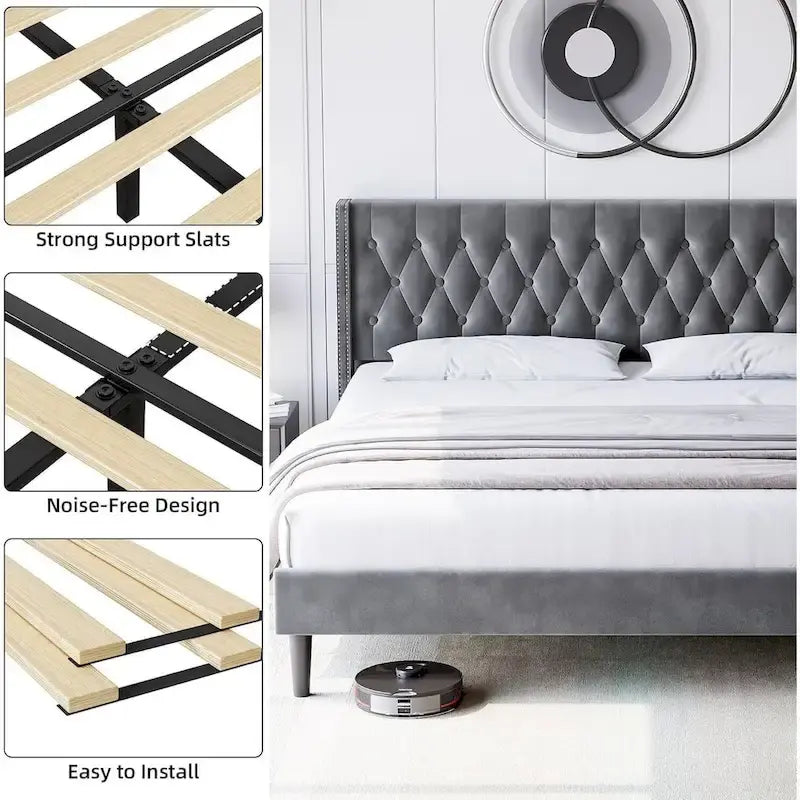 Grey Velvet Tufted Wingback Platform Bed Frame with Studded Headboard