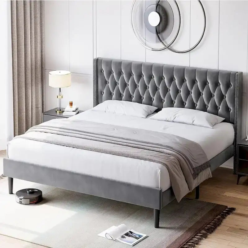Grey Velvet Tufted Wingback Platform Bed Frame with Studded Headboard