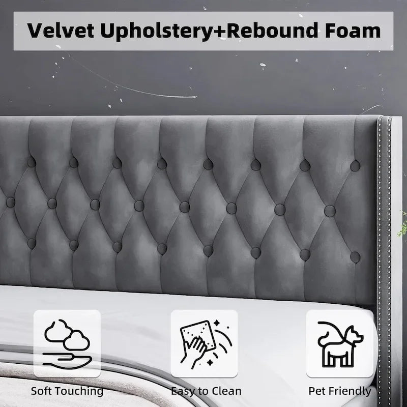 Grey Velvet Tufted Wingback Platform Bed Frame with Studded Headboard