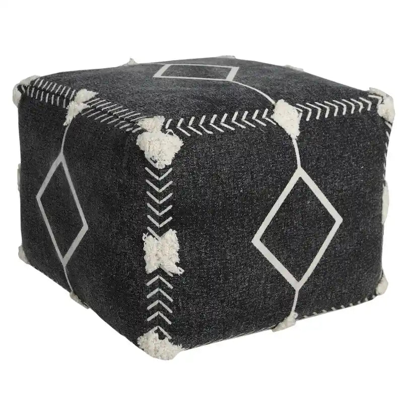 Black Cotton Geometric Boho Pouf Ottoman with Tufted Accents